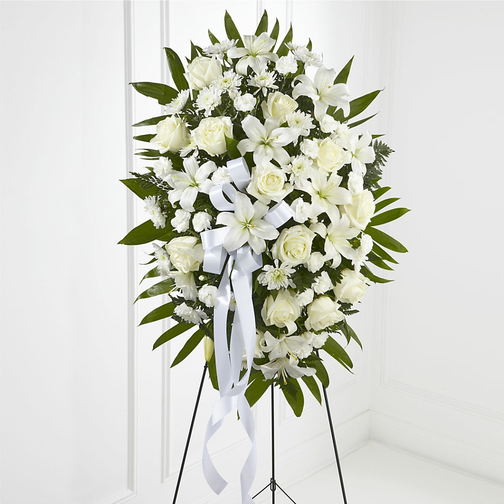 Exquisite Tribute Standing Spray-White Ribbon – My Dream Flowers, Bronx NY